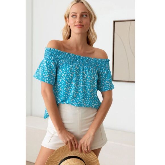 The Dolly Blue Floral Off Shoulder Smocking Band Blouse - Picture 4 of 4